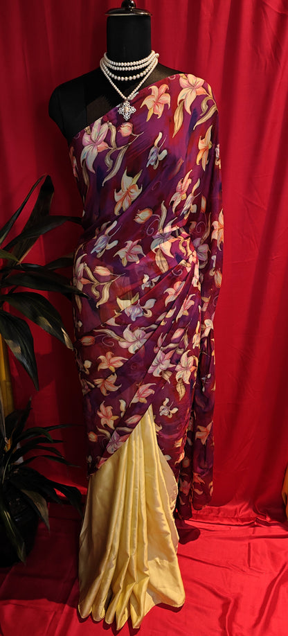 Designer Strawberry Silk Saree – Yellow & Purple with Floral Pure Organza Pallu draped on a mannequin.