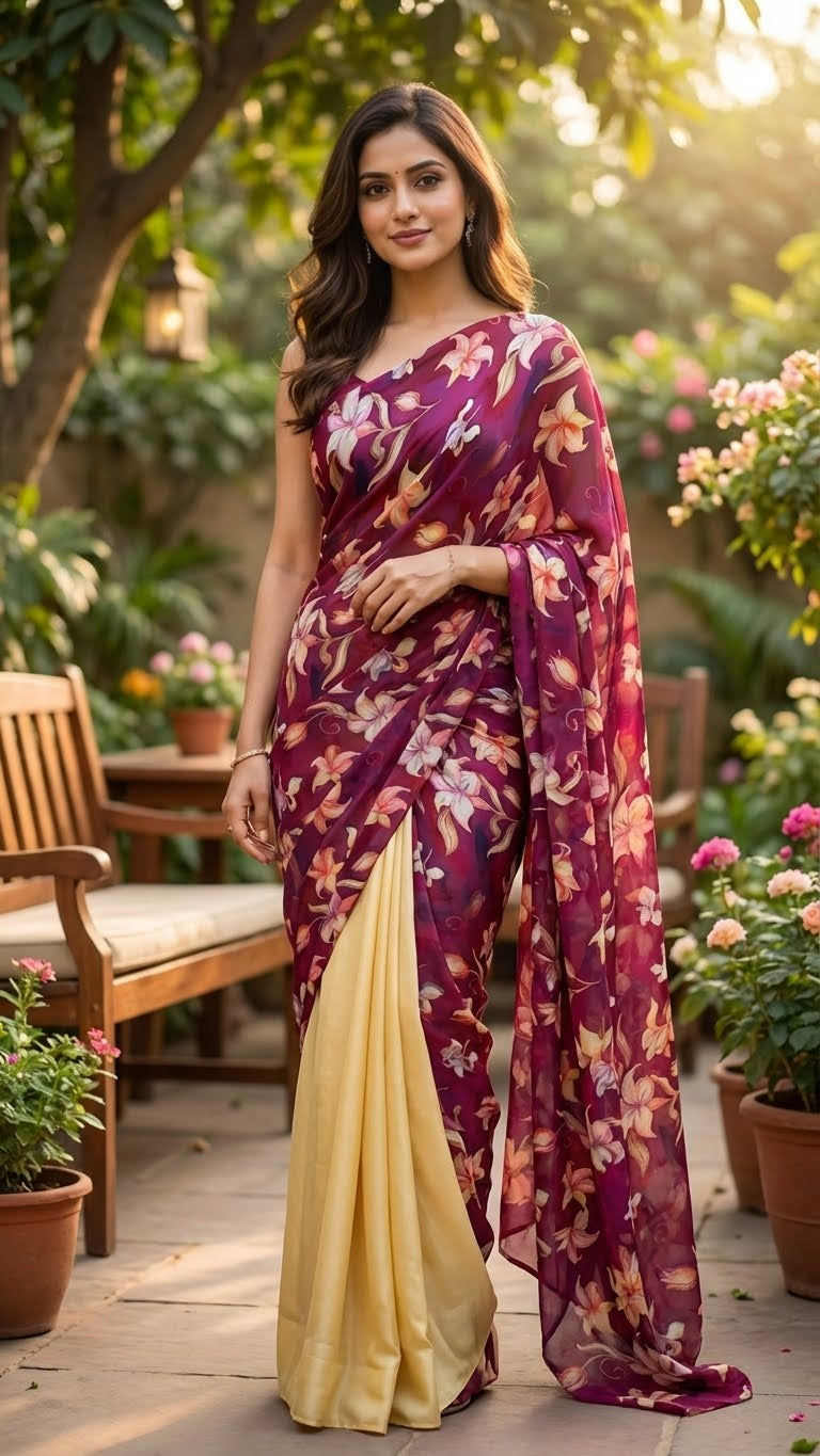 Woman in a designer strawberry silk saree – yellow & purple with floral pure organza pallu standing outdoors with plants and furniture in the background