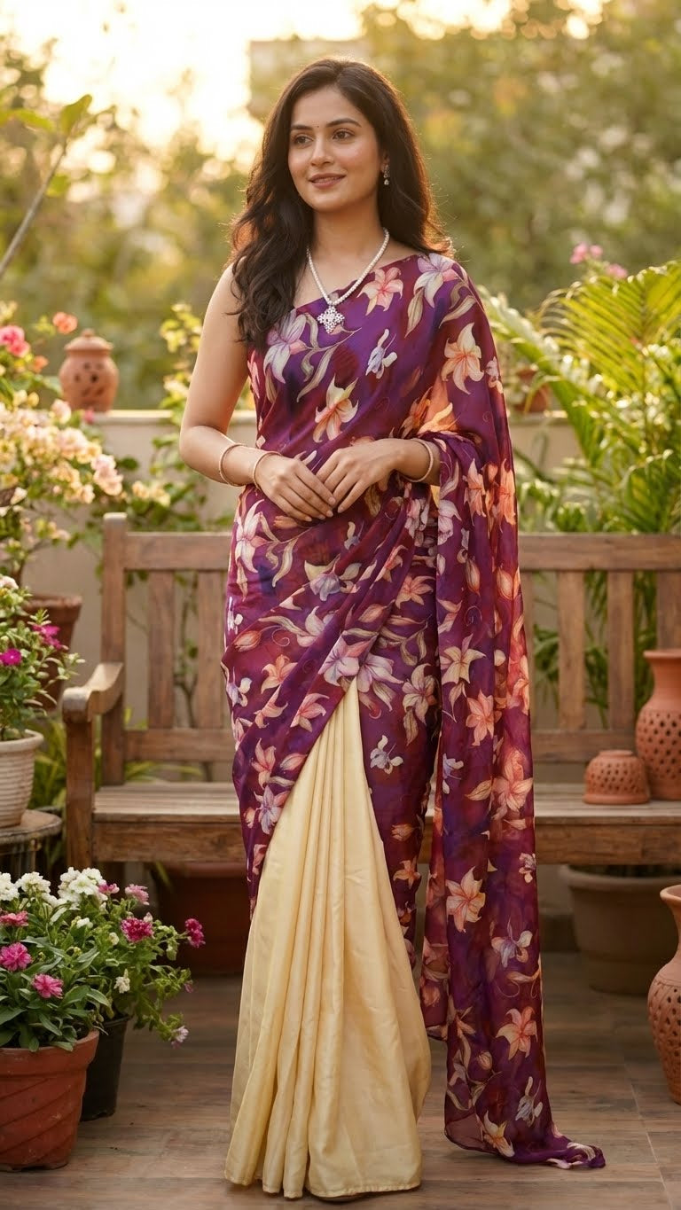 Woman in a designer strawberry silk saree – yellow & purple with floral pure organza pallu standing outdoors with plants and furniture in the background