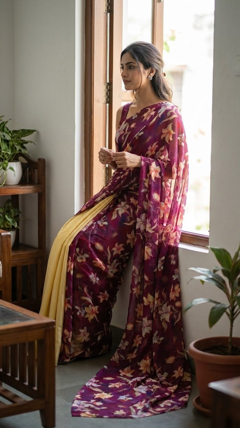 Woman in a designer strawberry silk saree – yellow & purple with floral pure organza pallu standing by a window with plants around.