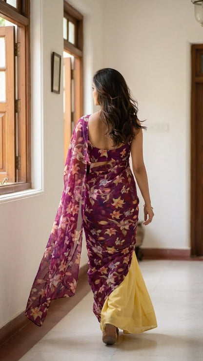 Woman in a designer strawberry silk saree – yellow & purple with floral pure organza pallu with yellow bottom walking in a room.