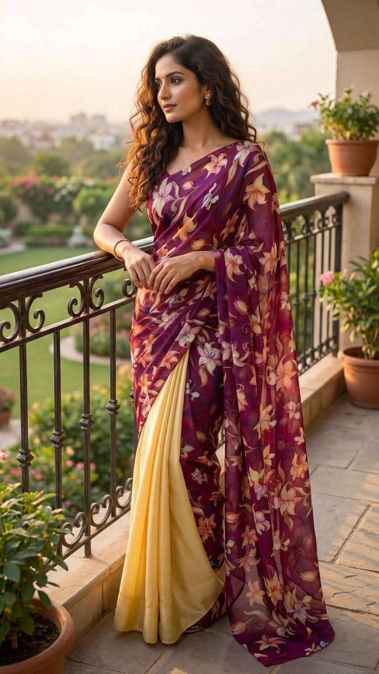 Woman in a designer strawberry silk saree – yellow & purple with floral pure organza pallu standing on a balcony with a scenic background