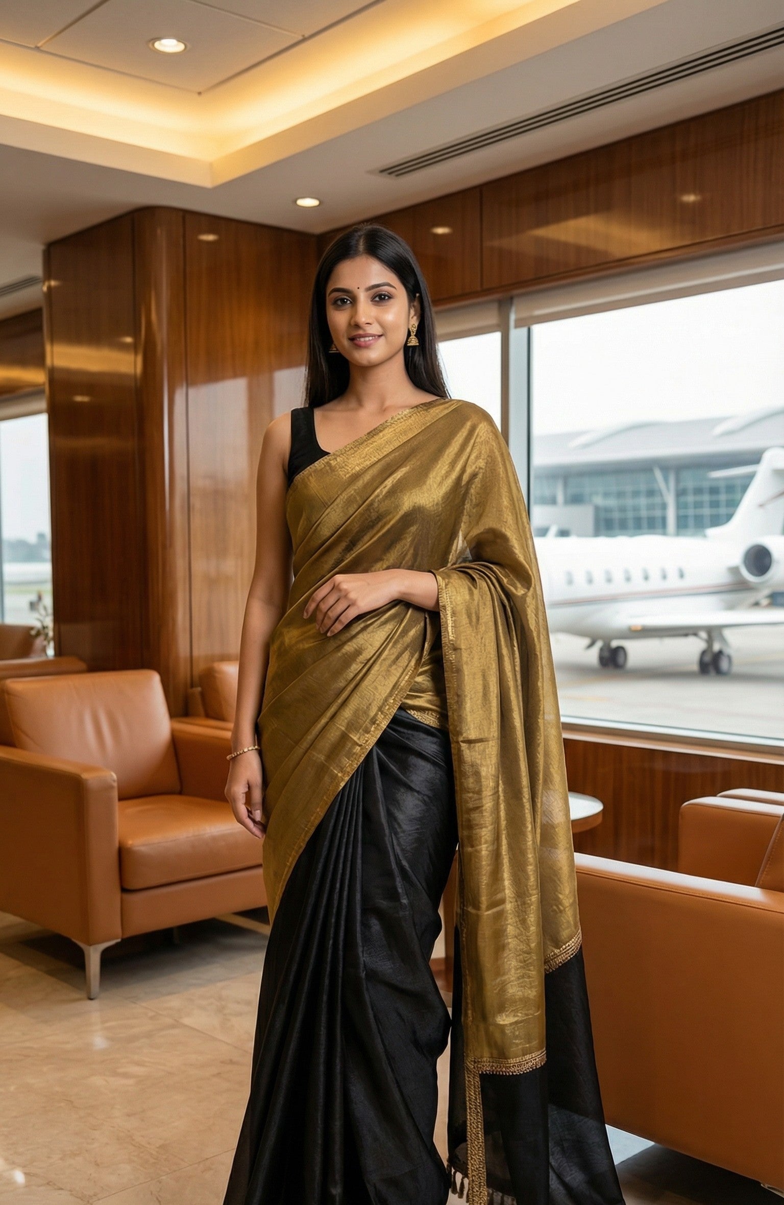 Woman in a antique golden Fendy silk saree with floral motifs and black contrast border, elegant festive wear, standing in a modern interior setting with a view of an airplane outside.