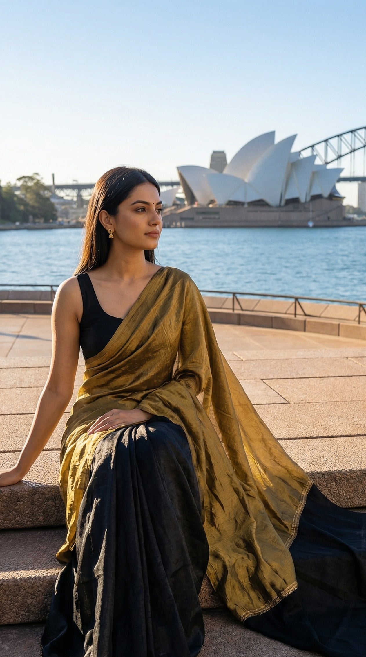 Woman in a antique golden Fendy silk saree with floral motifs and black contrast border, elegant festive wear, sitting on steps with the Sydney Opera House in the background.