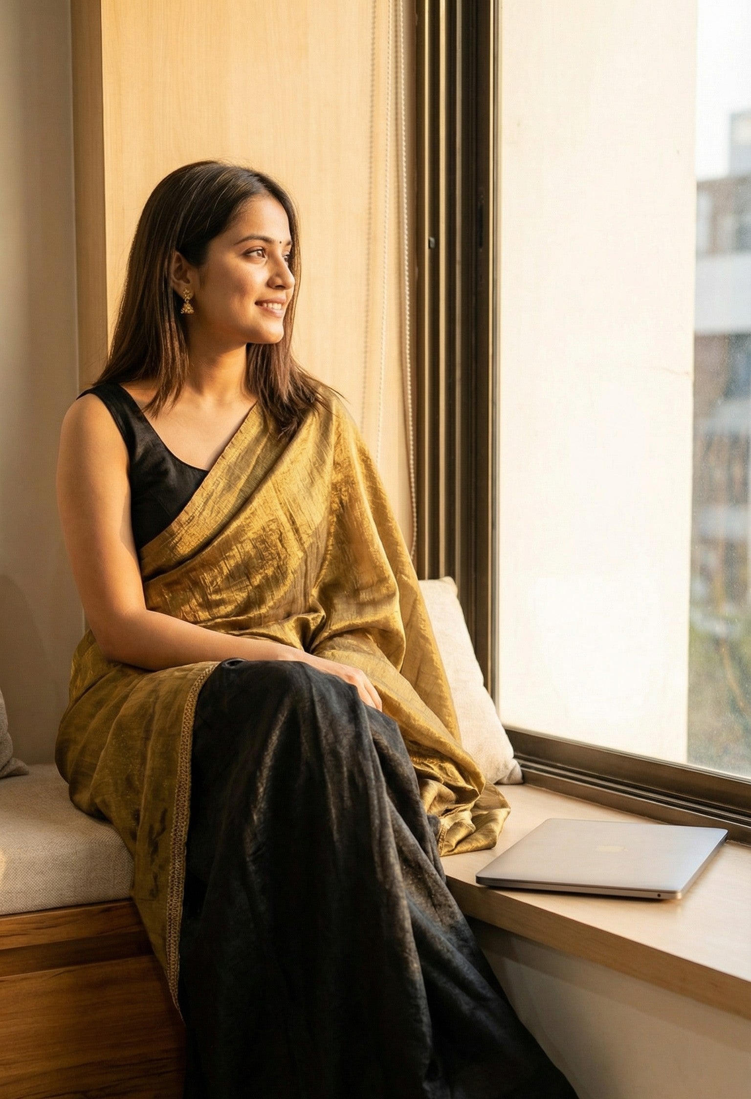 Woman in a antique golden Fendy silk saree with floral motifs and black contrast border, elegant festive wear, sitting by a window with a laptop on the windowsill.