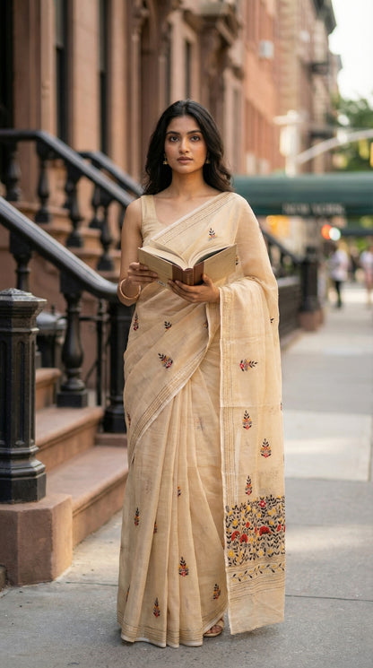 Woman in a golden-chanderi-kantha-saree, standing on a city street.