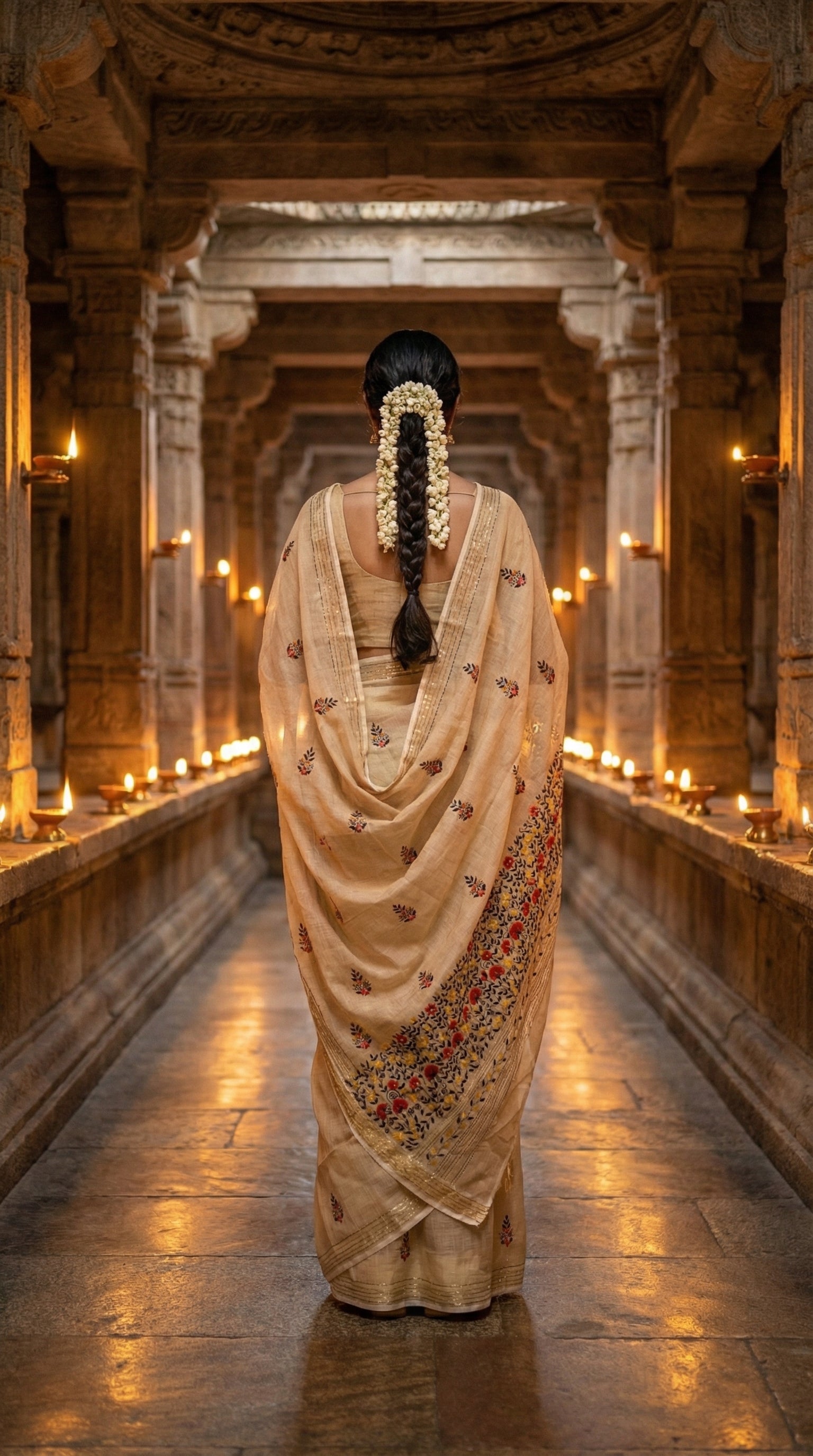 Woman in a golden-chanderi-kantha-saree, walking through a temple corridor with candles.