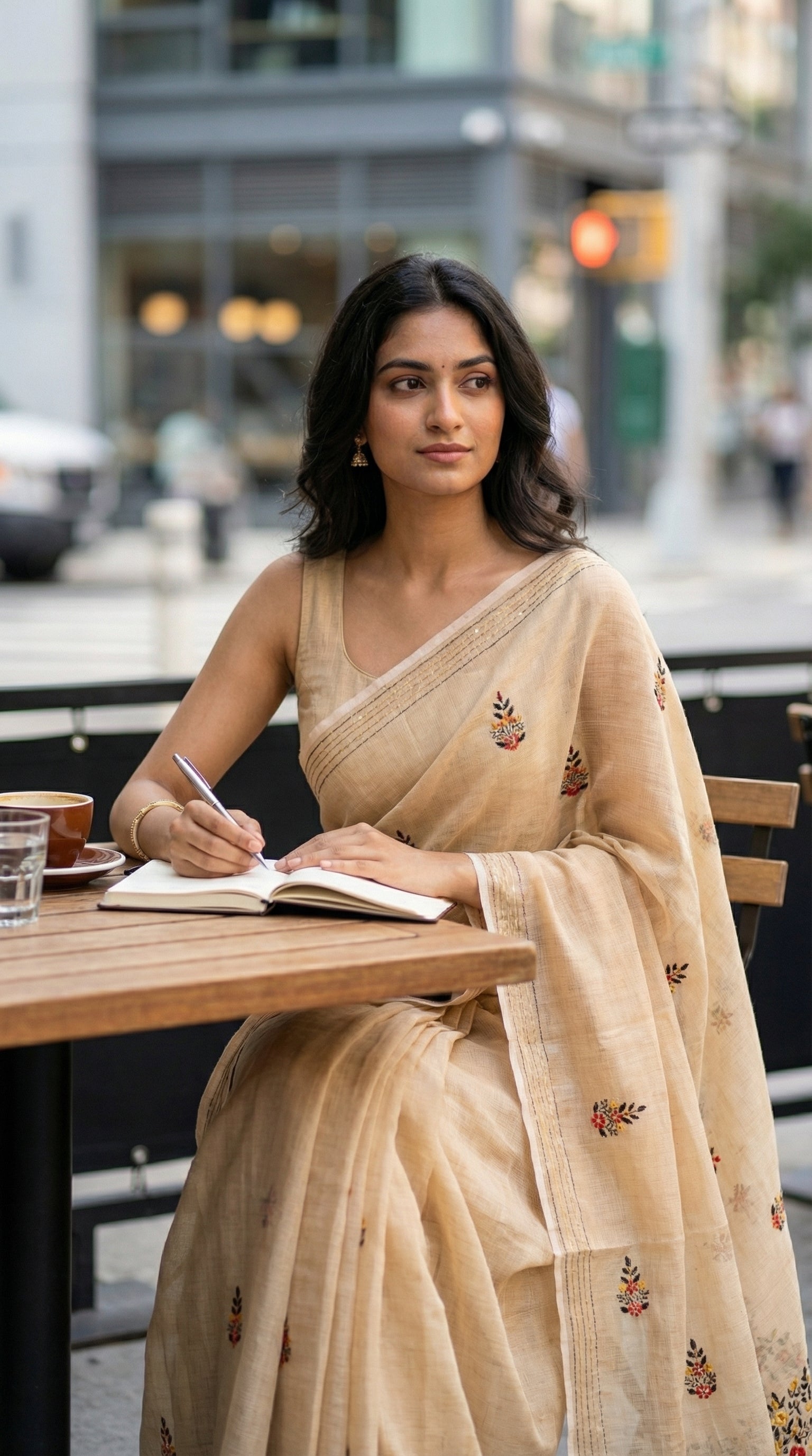 Woman in a golden-chanderi-kantha-saree, sitting at an outdoor cafe table, writing in a notebook.