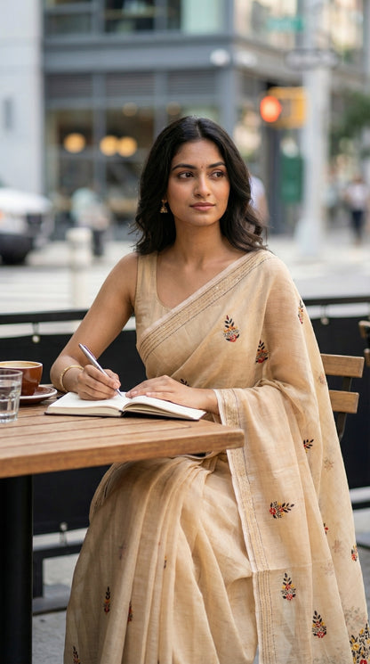 Woman in a golden-chanderi-kantha-saree, sitting at an outdoor cafe table, writing in a notebook.
