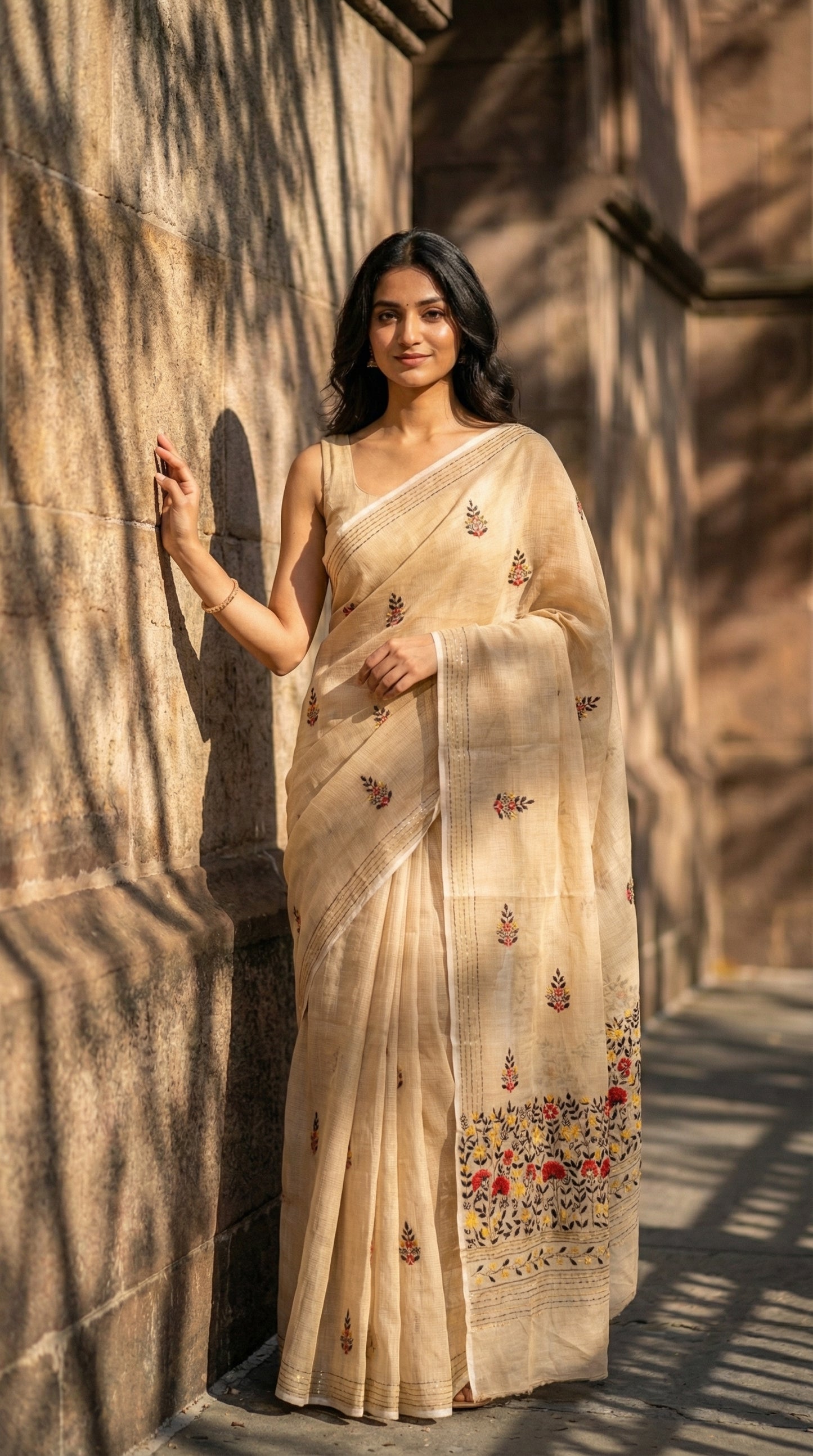 Woman in a golden-chanderi-kantha-saree, standing against a textured wall.