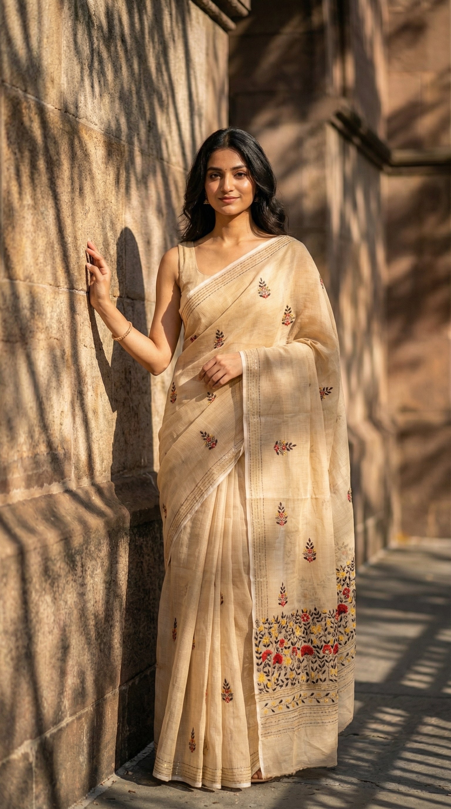 Woman in a golden-chanderi-kantha-saree, standing against a textured wall.