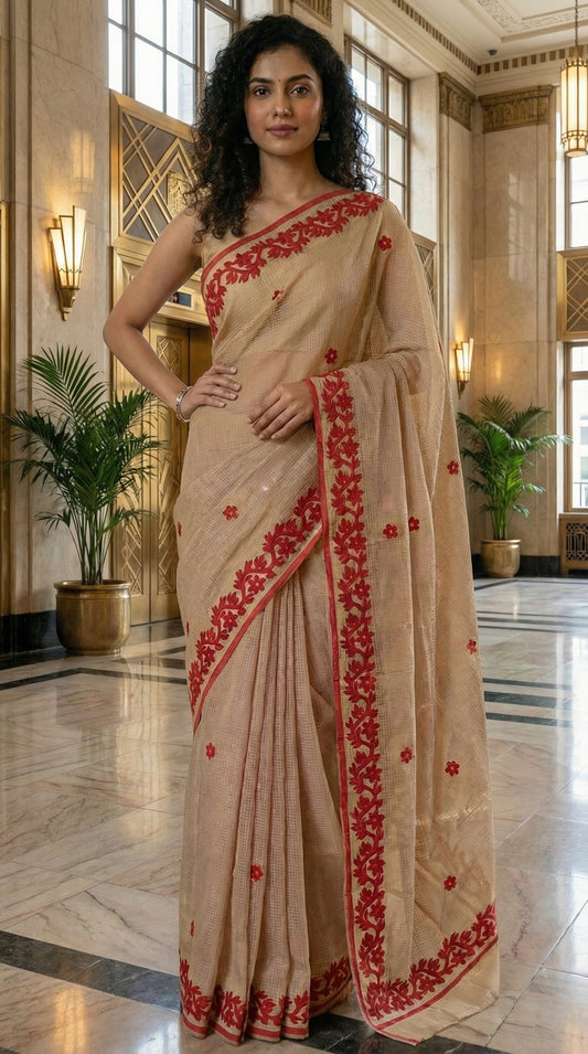 Woman in a golden-kota-doria-saree, in an elegant indoor setting.