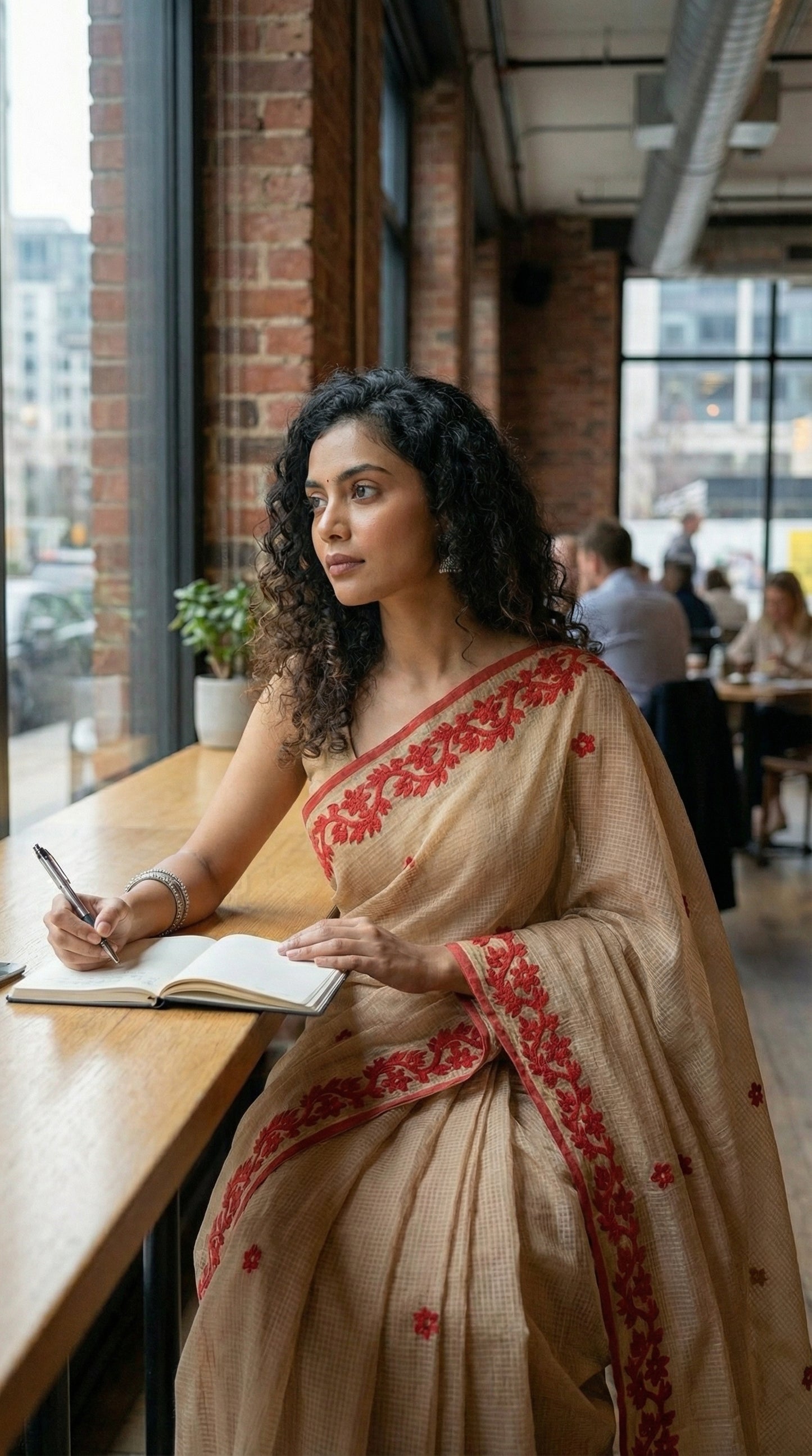 Woman in a golden-kota-doria-saree, sitting at a table in a modern indoor setting.