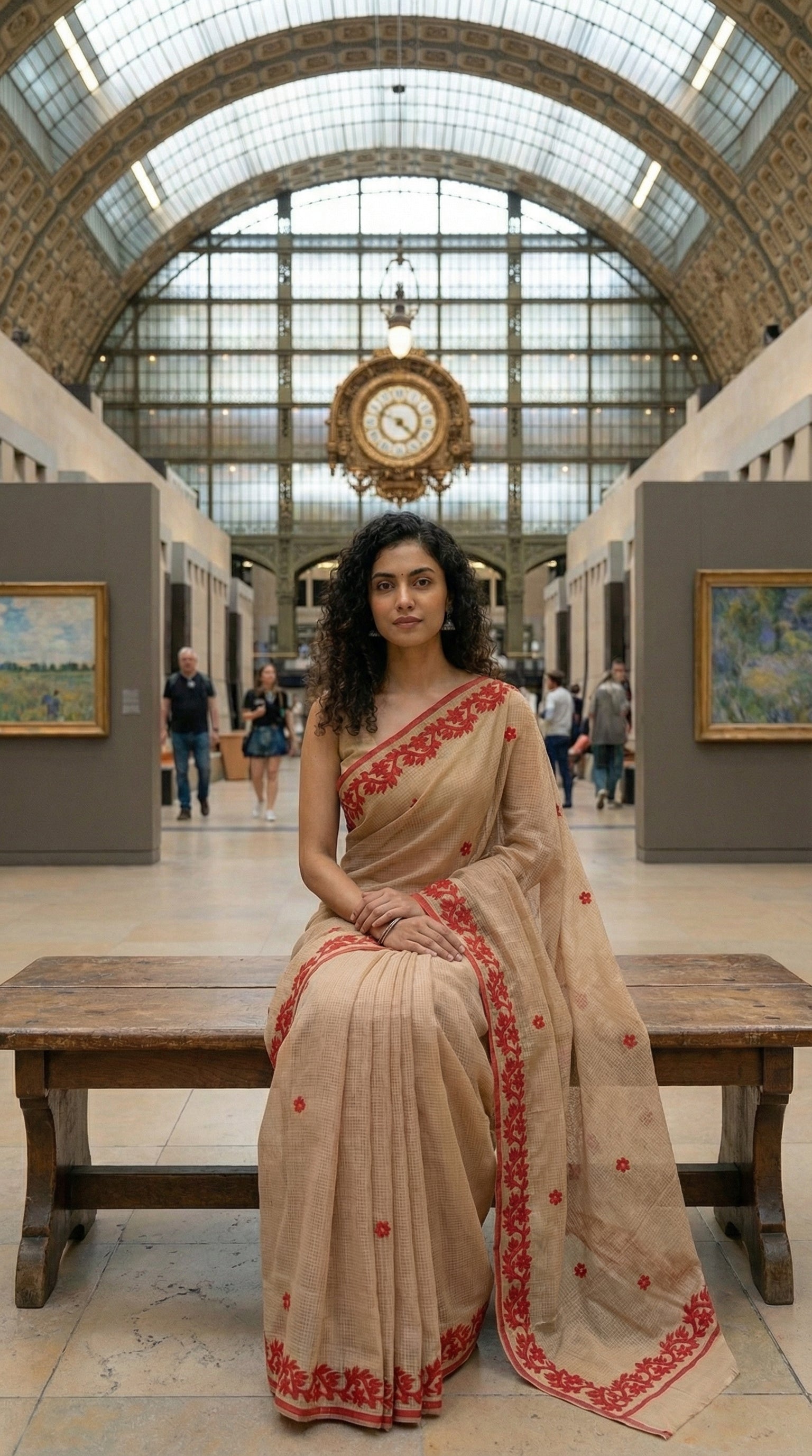 Woman in a golden-kota-doria-saree, sitting on a bench in an art gallery.
