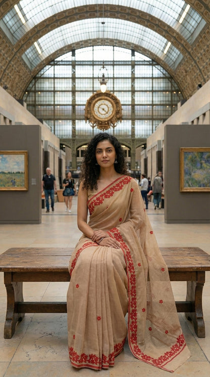 Woman in a golden-kota-doria-saree, sitting on a bench in an art gallery.