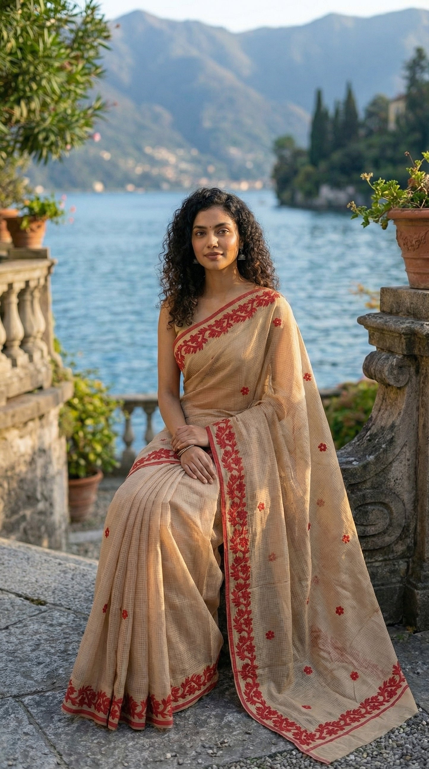 Woman in a golden-kota-doria-saree, sitting by a scenic lakeside.