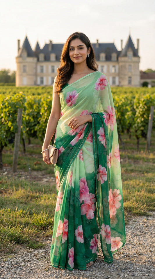 Woman in a pastel green chiffon saree with pink floral motifs, standing in front of a castle-like building with vineyards.