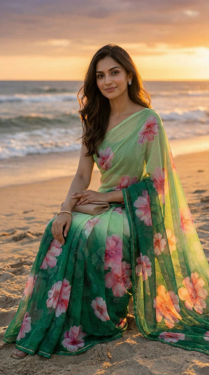Woman in a pastel green chiffon saree with pink floral motifs, sitting on a beach at sunset.