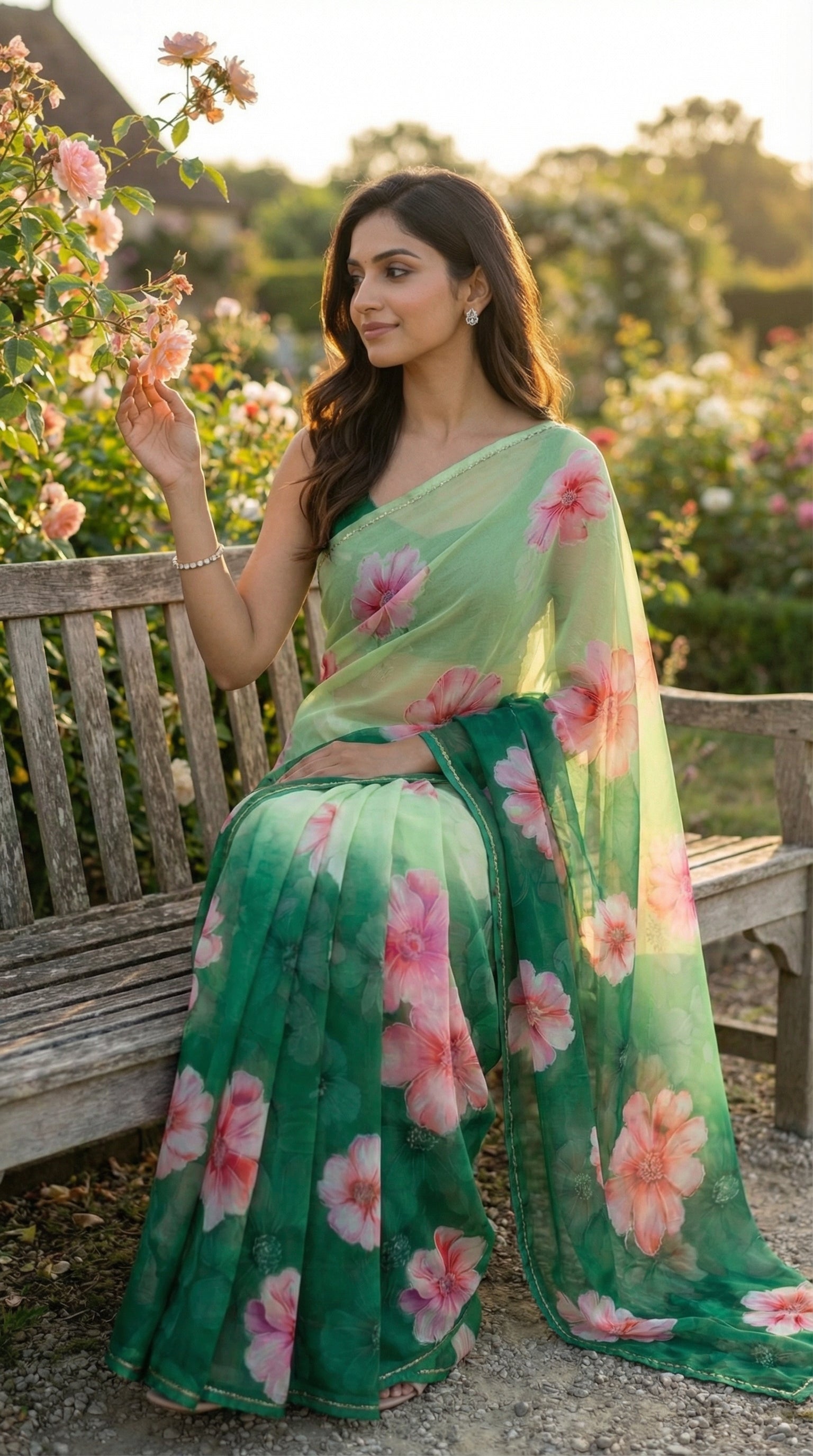 Woman in a pastel green chiffon saree with pink floral motifs, standing in a garden.