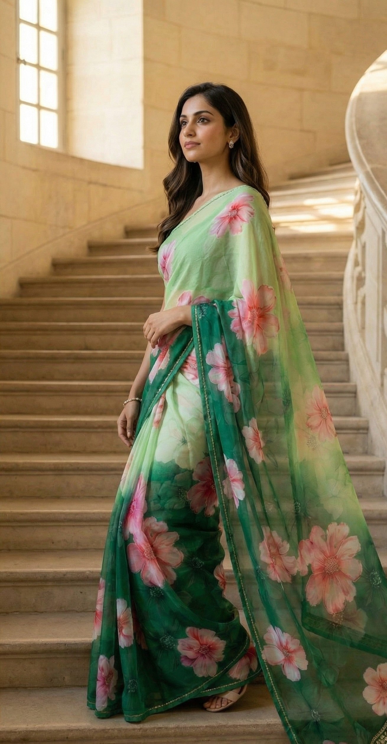 Woman in a pastel green chiffon saree with pink floral motifs, standing on a staircase