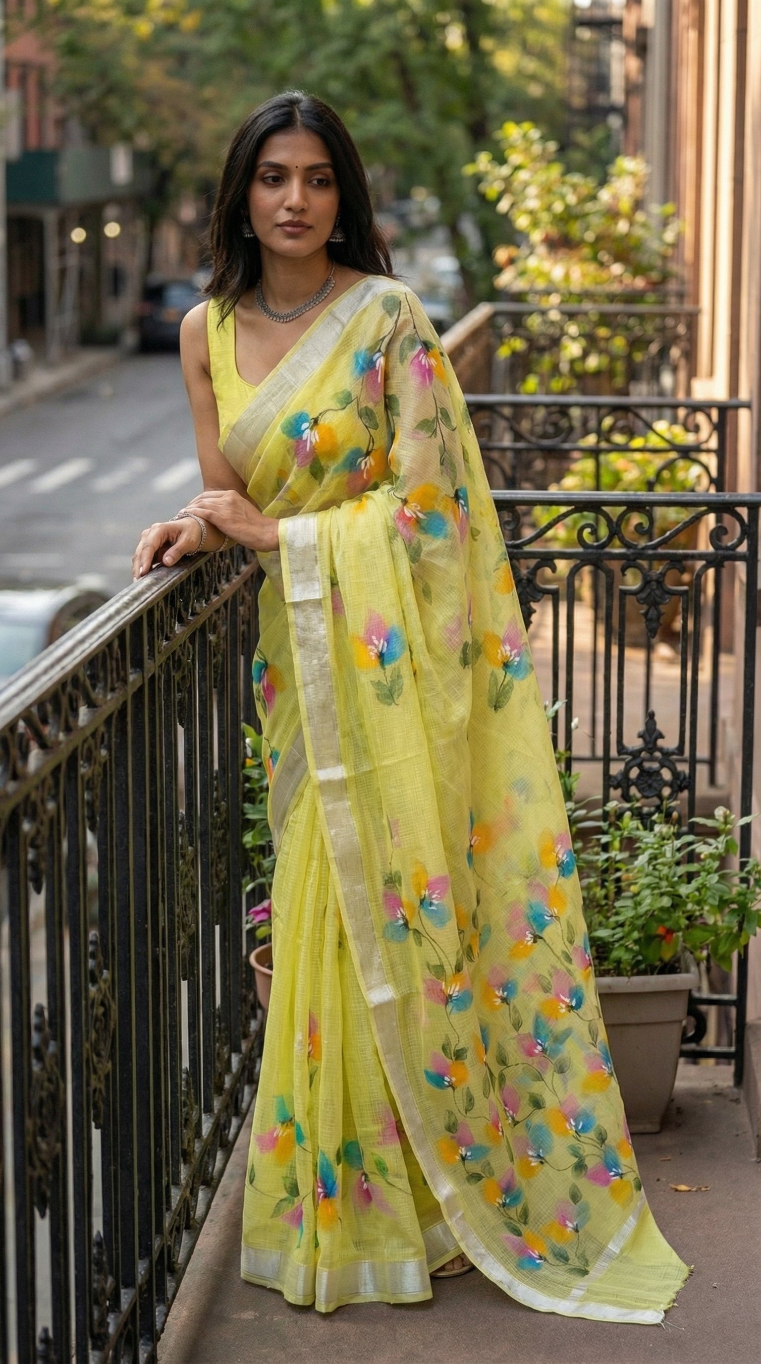 Woman wearing a green-hand-painted-cotton-saree, standing on a balcony.