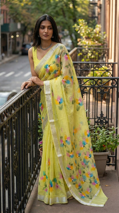 Woman wearing a green-hand-painted-cotton-saree, standing on a balcony.