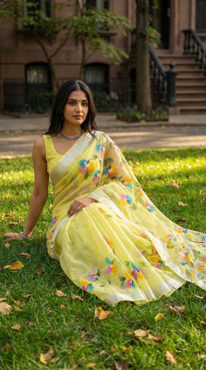 Woman wearing a green-hand-painted-cotton-saree, sitting on grass