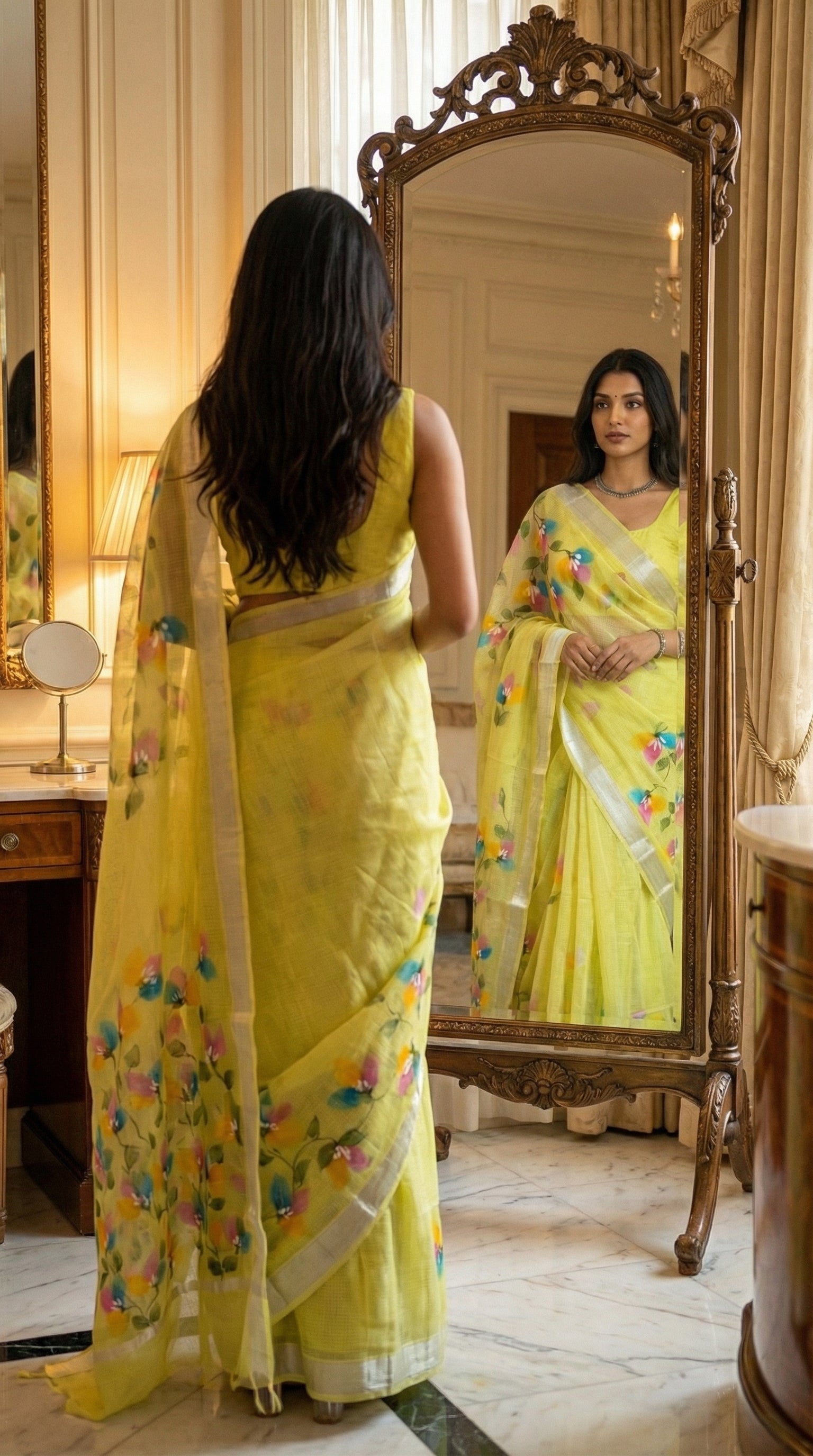Woman wearing a green-hand-painted-cotton-saree, standing in front of a mirror.