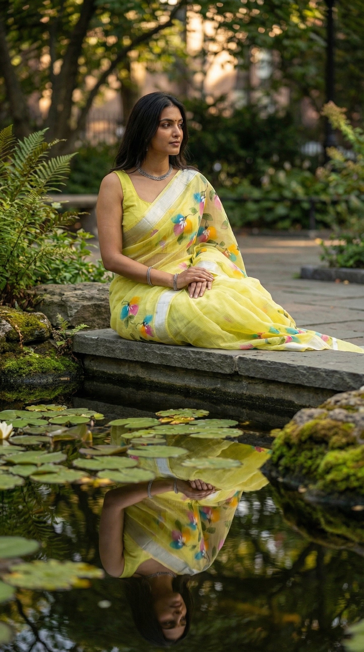 Woman wearing a green-hand-painted-cotton-saree, sitting by a pond with lily pads.