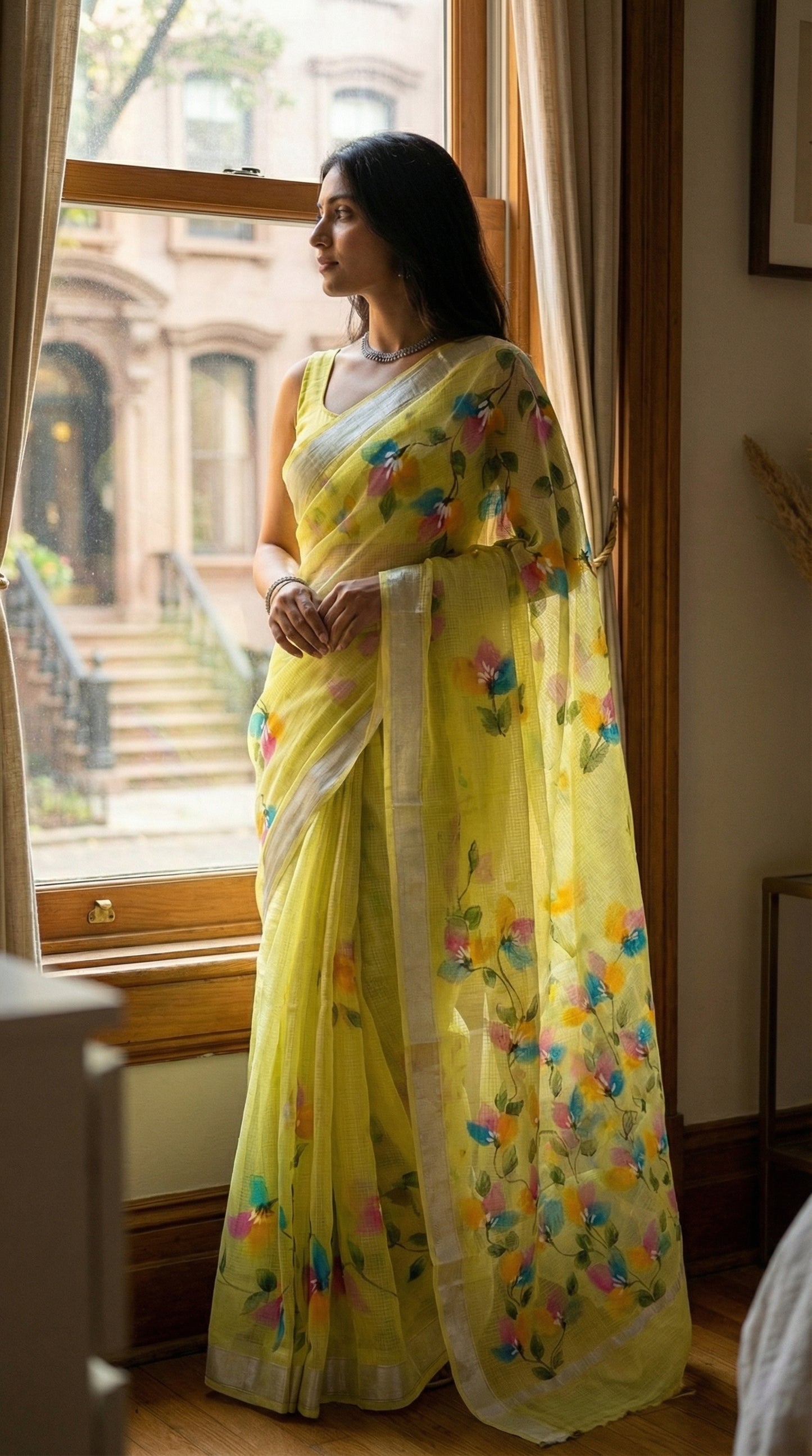 Woman wearing a green-hand-painted-cotton-saree, indoors near a window.