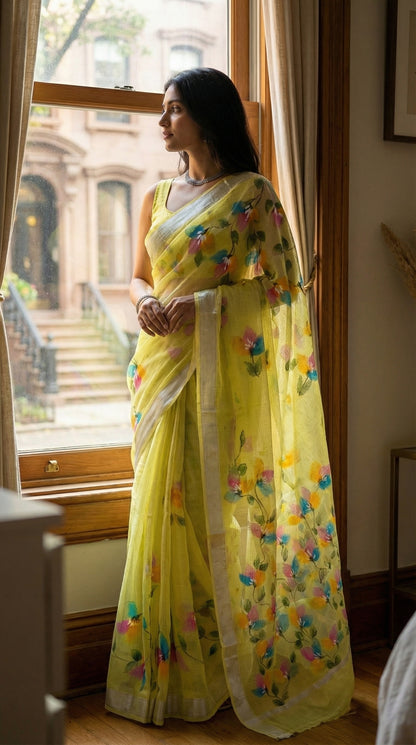 Woman wearing a green-hand-painted-cotton-saree, indoors near a window.
