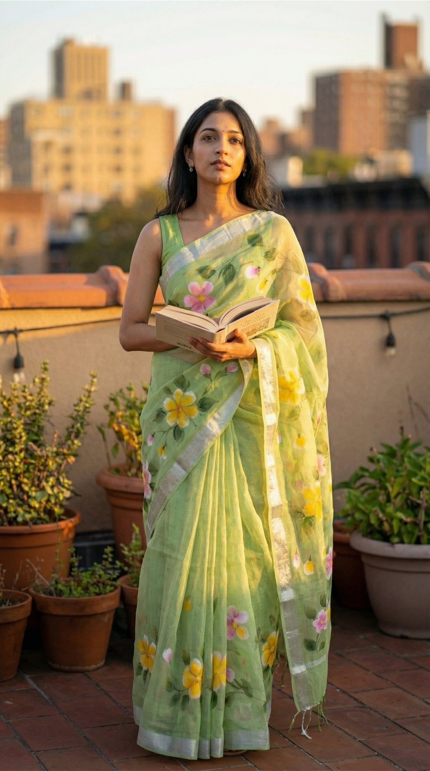 Woman in a green-kota-doria-hand-painted-saree, on a rooftop with cityscape in the background