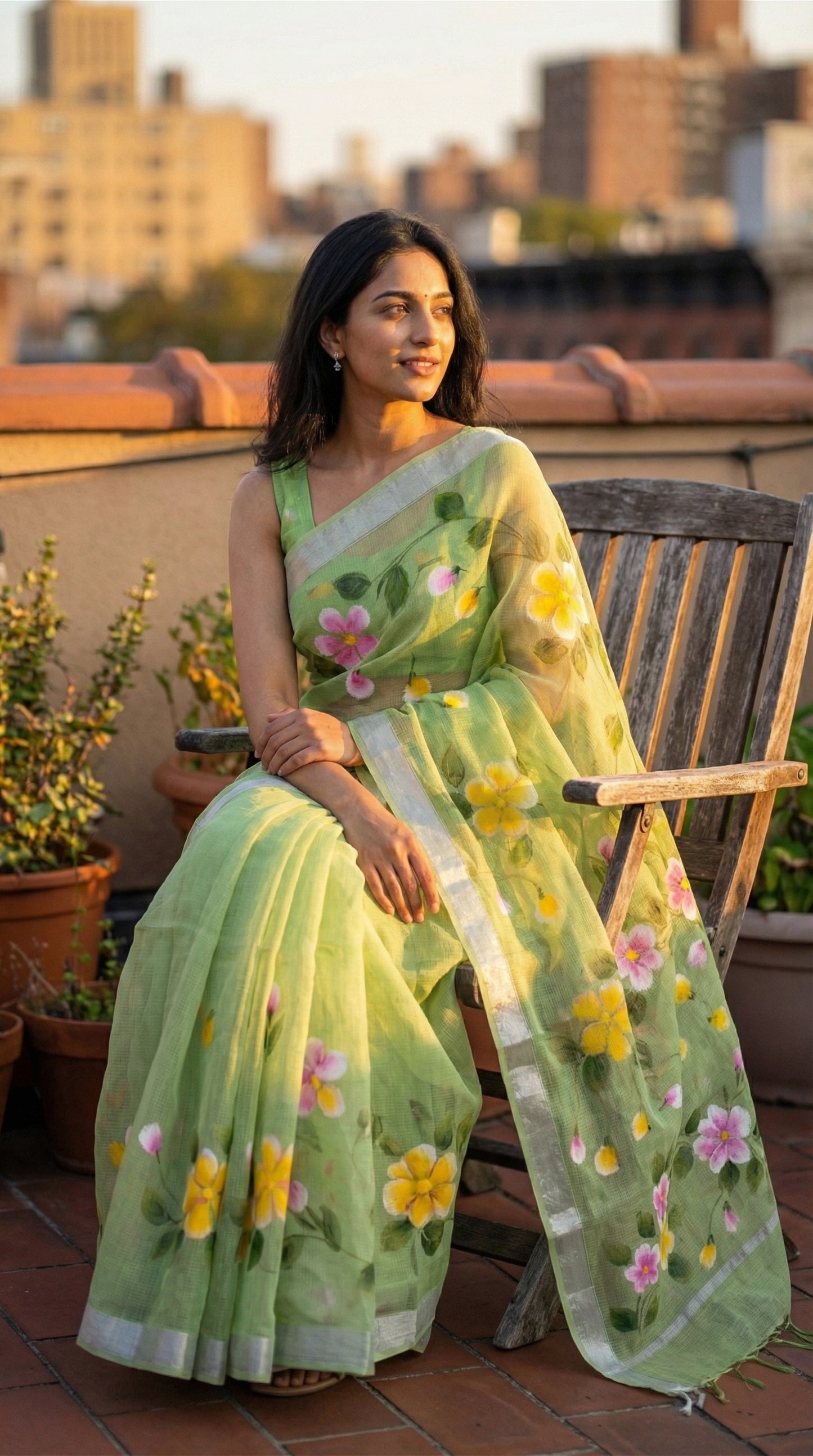 Woman in a green-kota-doria-hand-painted-saree, sitting on a rooftop with cityscape in the background.