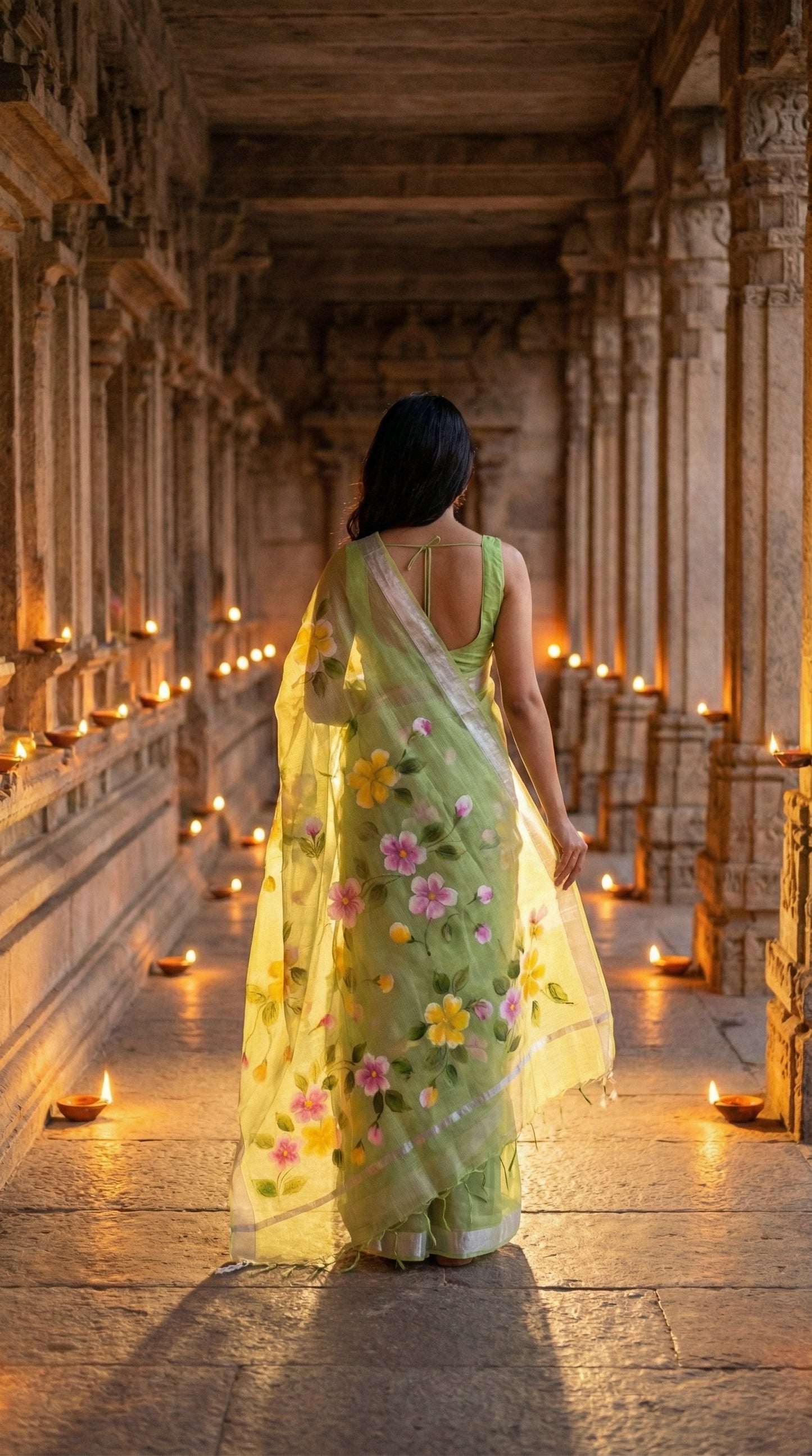 Woman in a green-kota-doria-hand-painted-saree, walking through a temple corridor with lit candles.