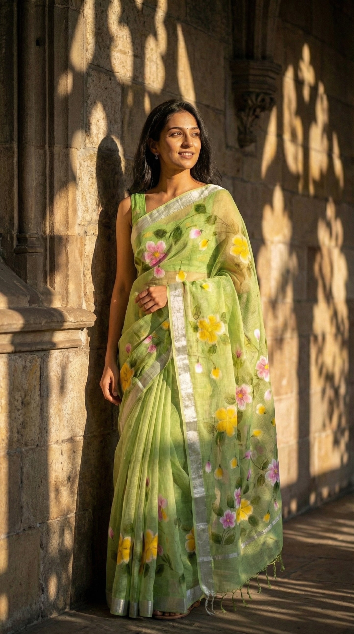 Woman in a green-kota-doria-hand-painted-saree, standing against a stone wall with sunlight casting shadows.
