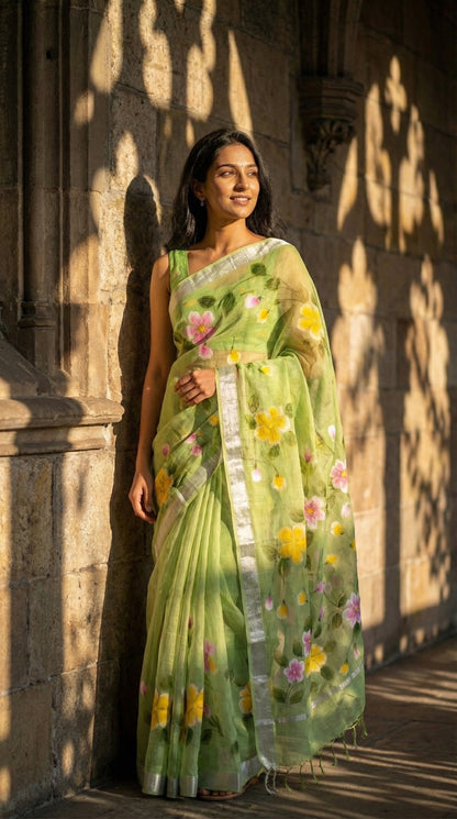 Woman in a green-kota-doria-hand-painted-saree, standing against a stone wall with sunlight casting shadows.