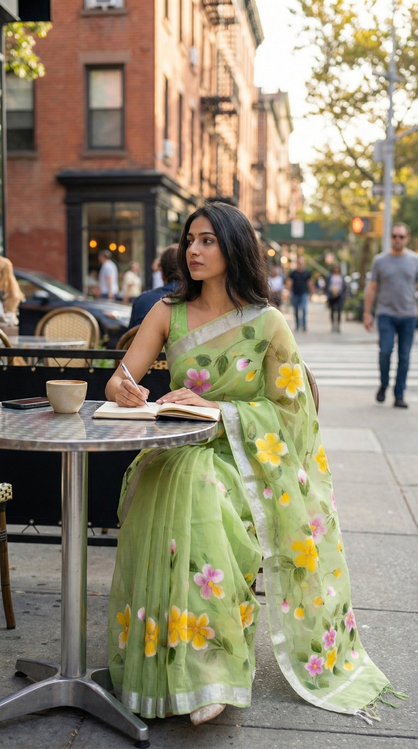 Woman in a green-kota-doria-hand-painted-saree, sitting at an outdoor cafe table.