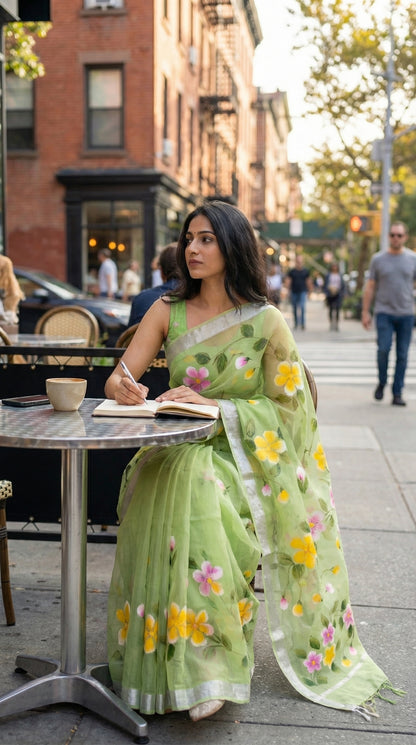 Woman in a green-kota-doria-hand-painted-saree, sitting at an outdoor cafe table.