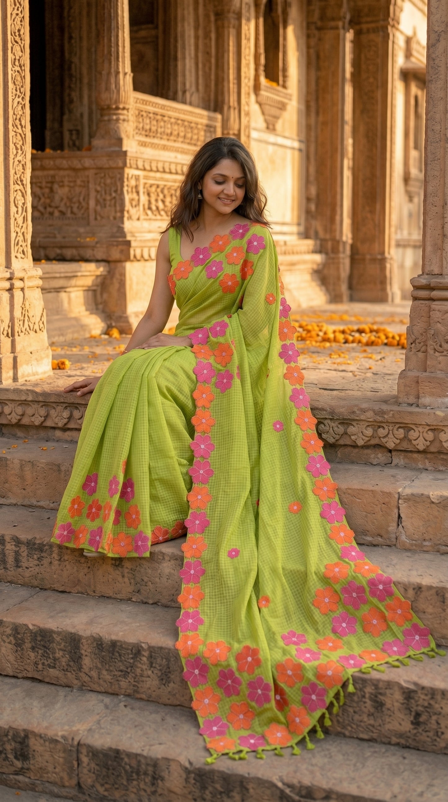 Woman in a green-mirror-work-kota-saree, sitting on stone steps.