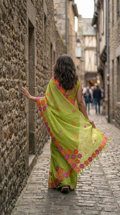 Woman in a green-mirror-work-kota-saree, walking down a narrow cobblestone street.