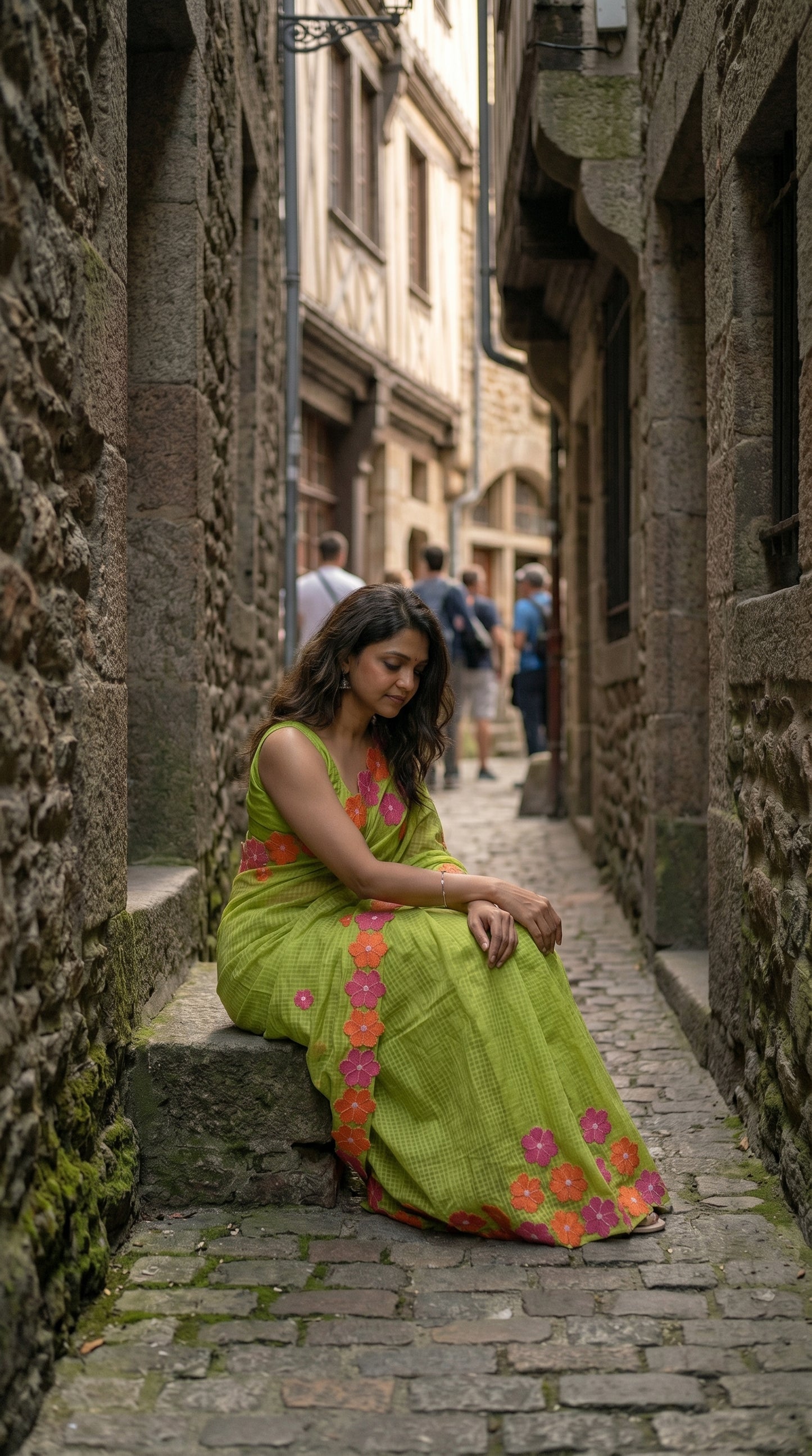 Woman in a green-mirror-work-kota-saree, sitting in a narrow stone alleyway.