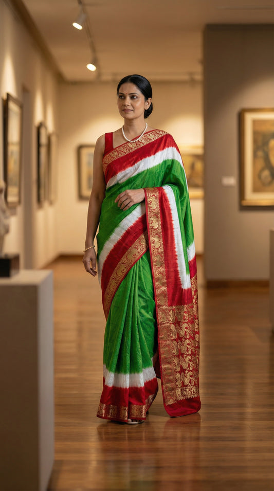 Woman in a green modal silk saree with red Zari border, with white border in an art gallery.