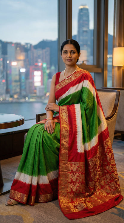 Woman in a green modal silk saree with red Zari border, with a cityscape background.