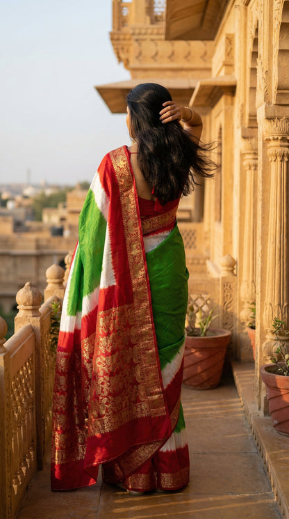 Woman in a green modal silk saree with red Zari border, standing on a balcony with a scenic view.