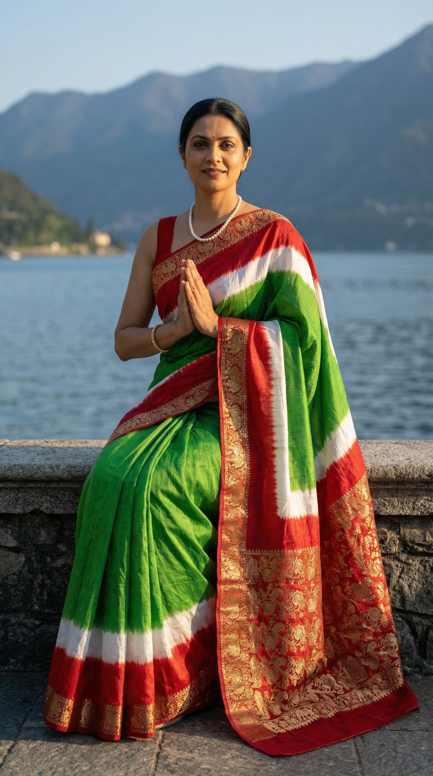 Woman in a green modal silk saree with red Zari border, by a body of water with mountains in the background.