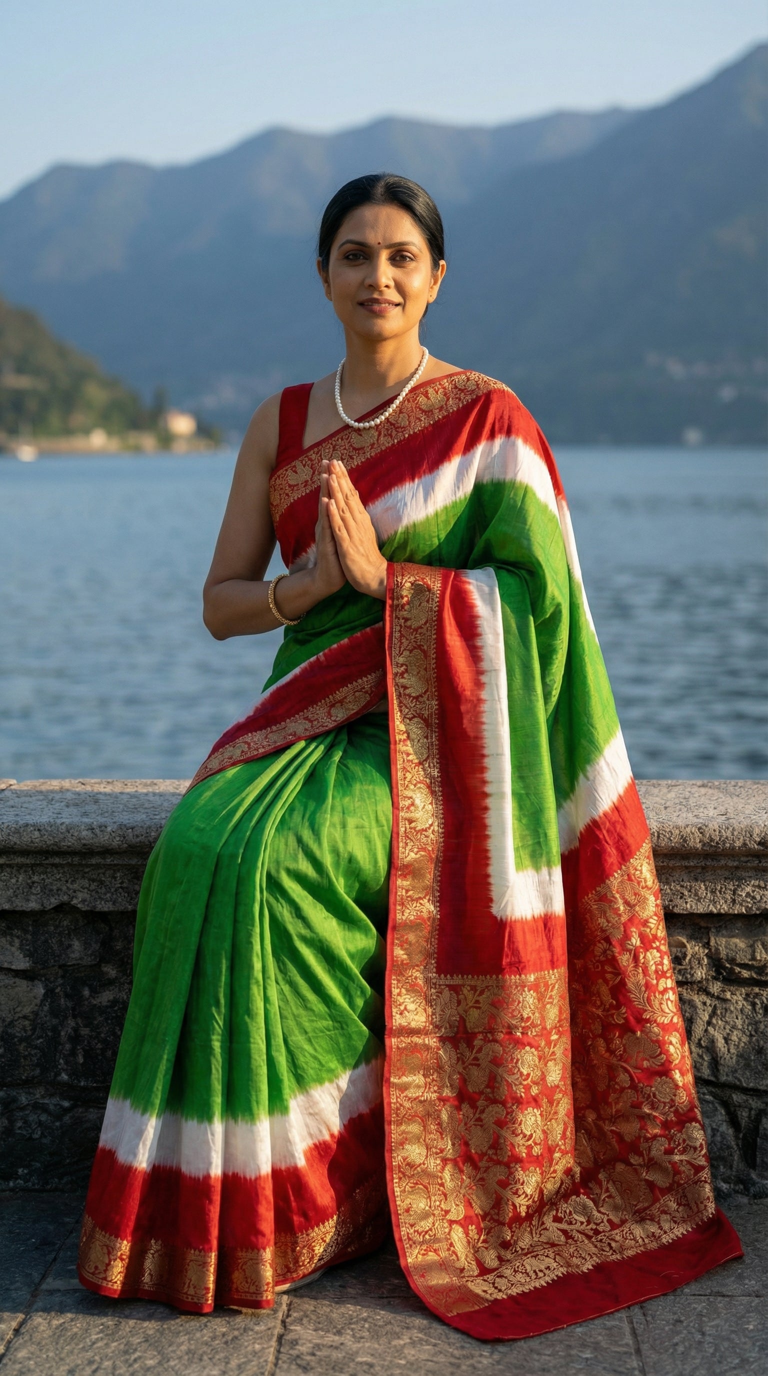 Woman in a green modal silk saree with red Zari border, by a body of water with mountains in the background.
