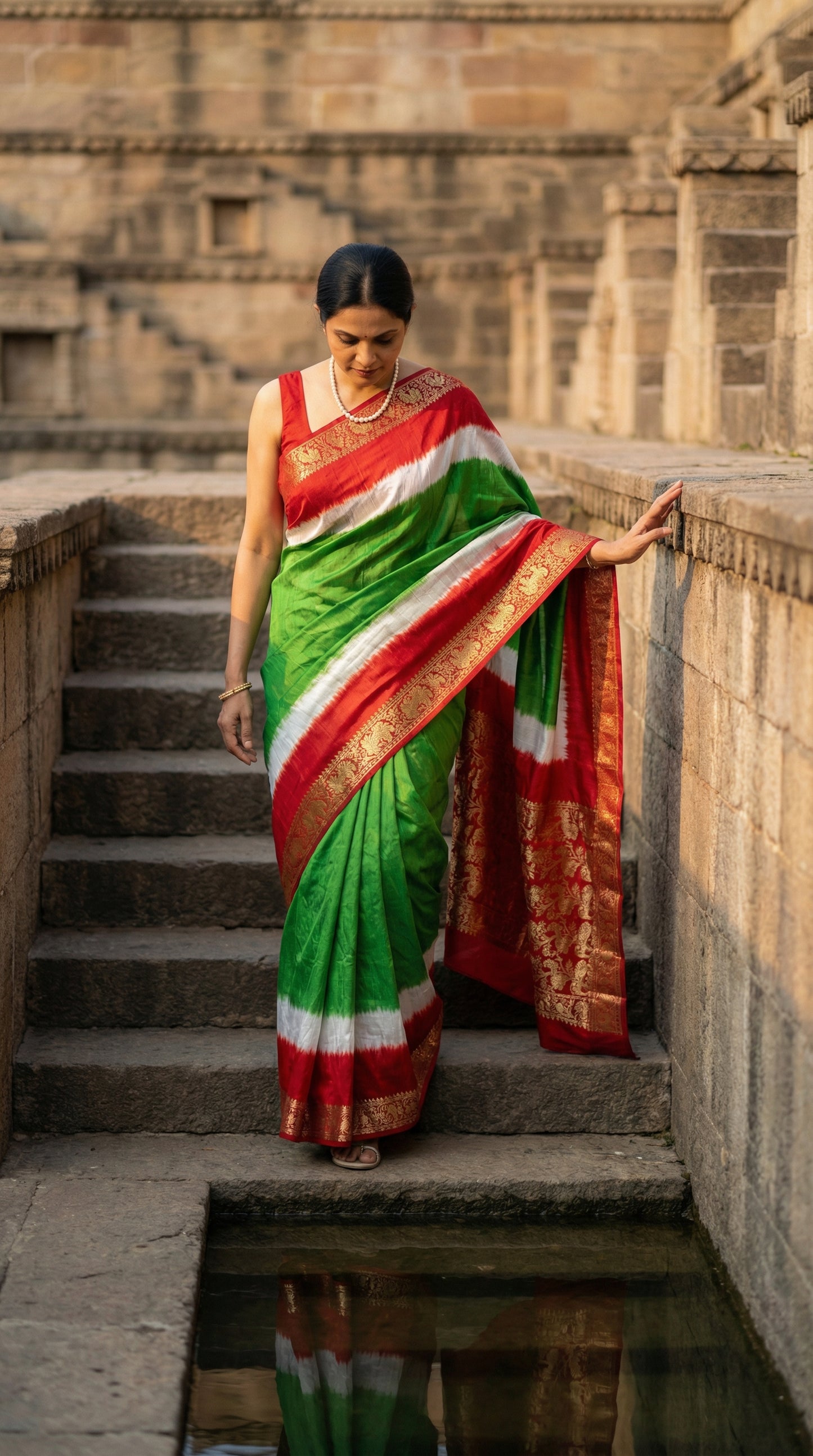 Woman in a green modal silk saree with red Zari border, standing on stone steps.