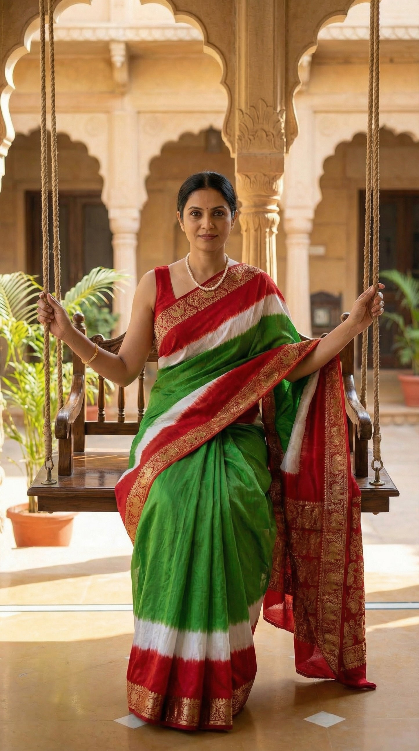 Woman in a green modal silk saree with red Zari border, sitting on a swing in an ornate indoor setting.
