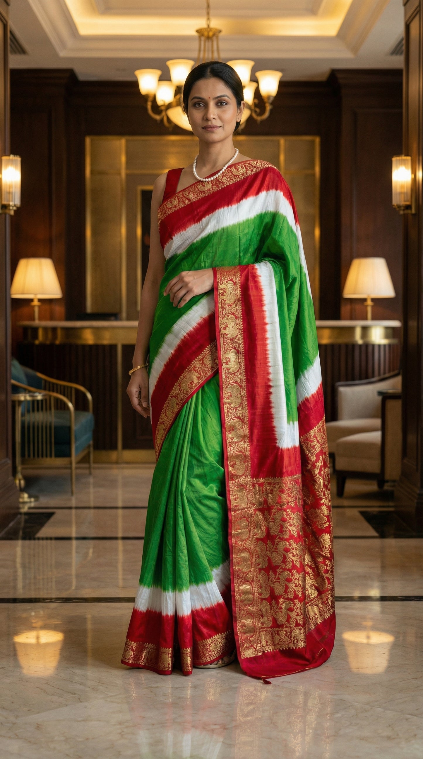 Woman in a green modal silk saree with red Zari border, standing in an elegant room.