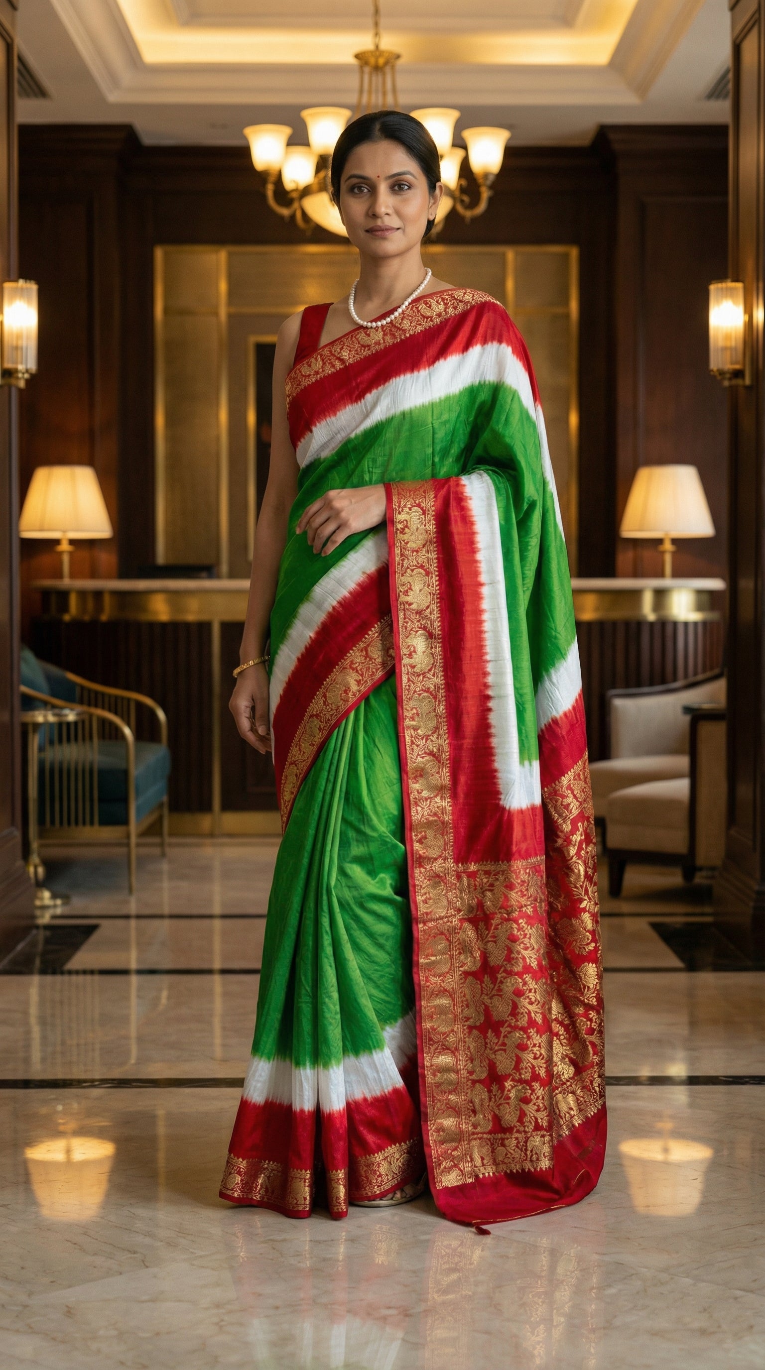 Woman in a green modal silk saree with red Zari border, standing in an elegant room.